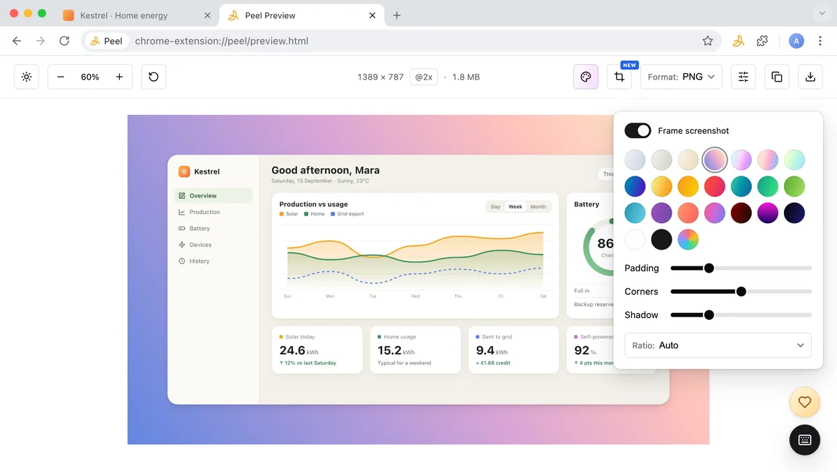 A dashboard screenshot framed on a purple to pink gradient, with the Beautify panel open.