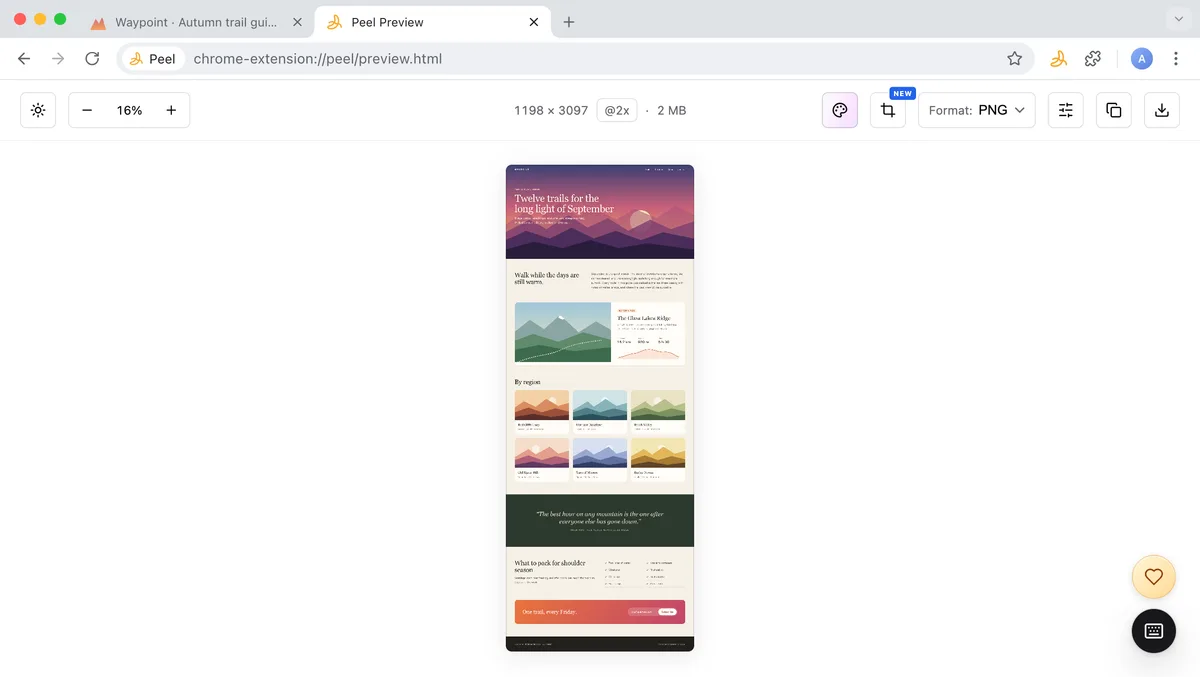 A long trail guide page captured top to bottom in one image, shown in Peel’s preview.