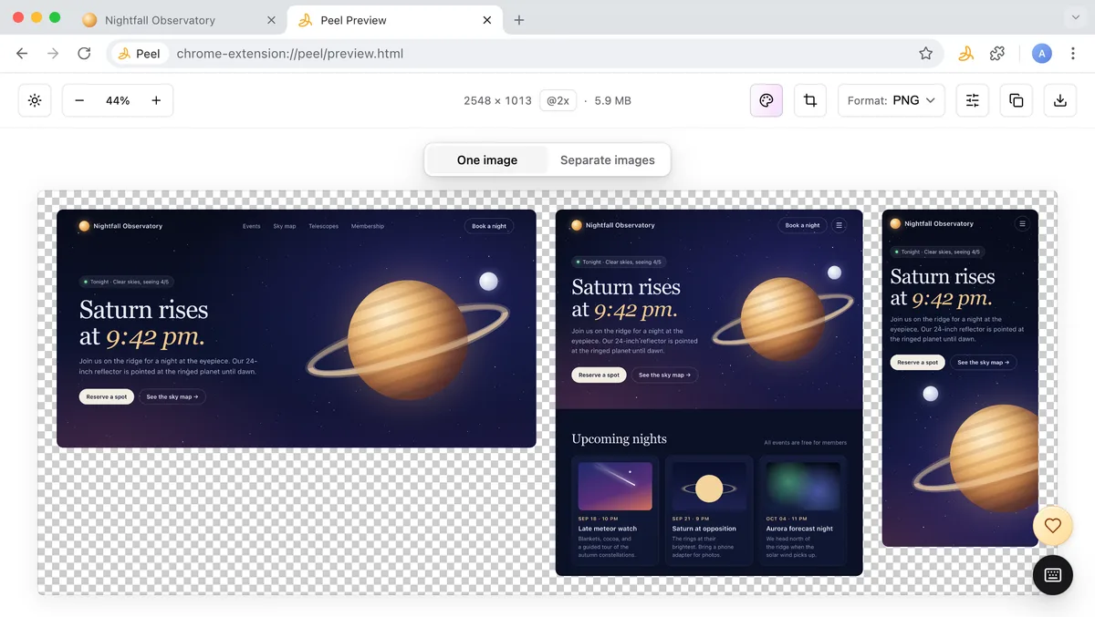 One page captured at desktop, tablet, and phone widths, shown side by side as three rounded cards in Peel’s preview.