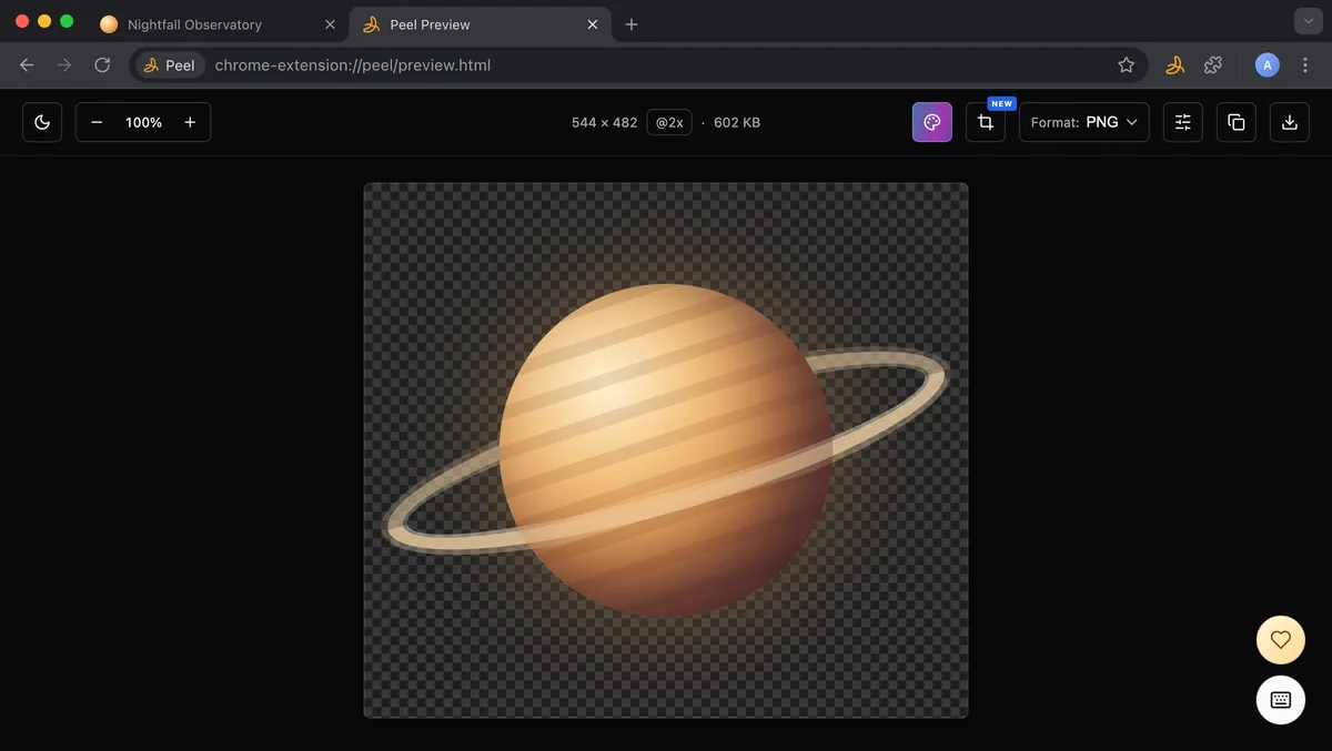 A ringed planet captured with its glow on a transparent checkerboard in Peel’s dark preview.